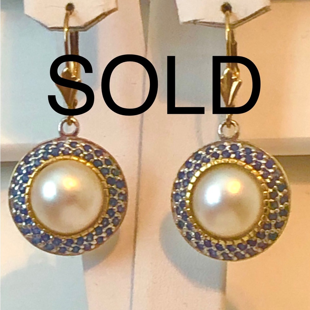 Pair 14K and Sterling Silver Mabe Pearl and Sapphire Pendant Earrings
